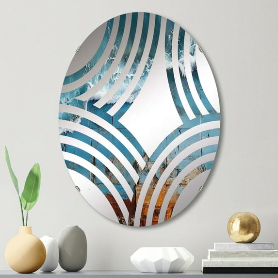 Designart "Urban Waterscapes with a Beach Pier" Ocean Baptist Fan Round Wall Mirror - Coastal Oval Printed Decorative Mirror - Multiple Color Options