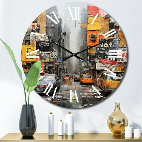 Designart "Urban composition I" Abstract Collages Oversized Wall Clock