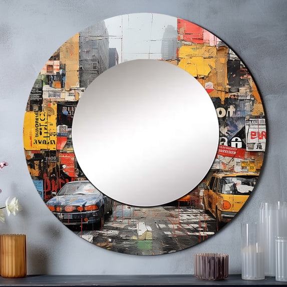 Designart "Urban composition I" Car/Van Rund Mirror For Wall Decor - Large Yellow Round Print Mirror - Round Industrial Mirror 23" x 23" Inch - Wall Mounted Round Large Mirror