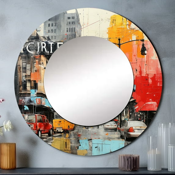Designart "Urban composition II" Car/Van Round Mirror Wall Décor Industrial - Large Yellow Round Mirror - Round Mirror 29" x 29" Inch