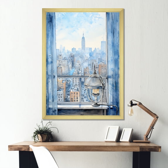Designart "Urbanscape View of Vintage NYC from Window II" Cityscapes Framed Wall Art - Industrial Blue New York City Living Room Framed Canvas Art