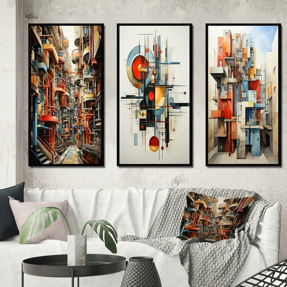 Designart "Utopia Imaginary Constructivism Industrial painting" Abstract Framed Wall Art Set Of 3 - Multi-Color Constructivism Frame Gallery Set For Office Decor
