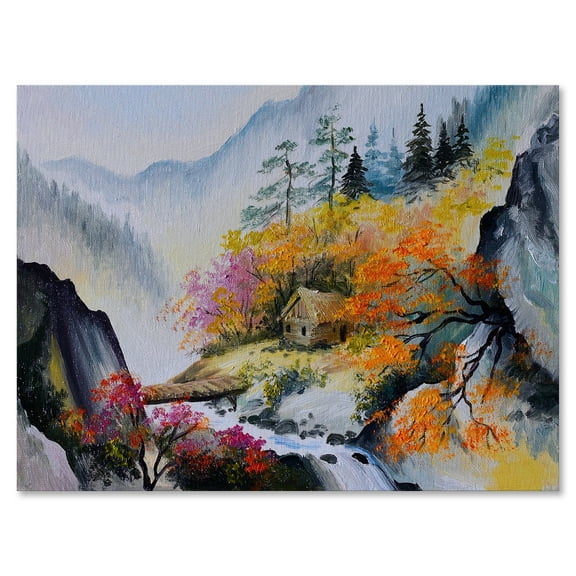 Designart ' VIbrant Mountain Landscape With Little House ' Traditional Canvas Wall Art Print