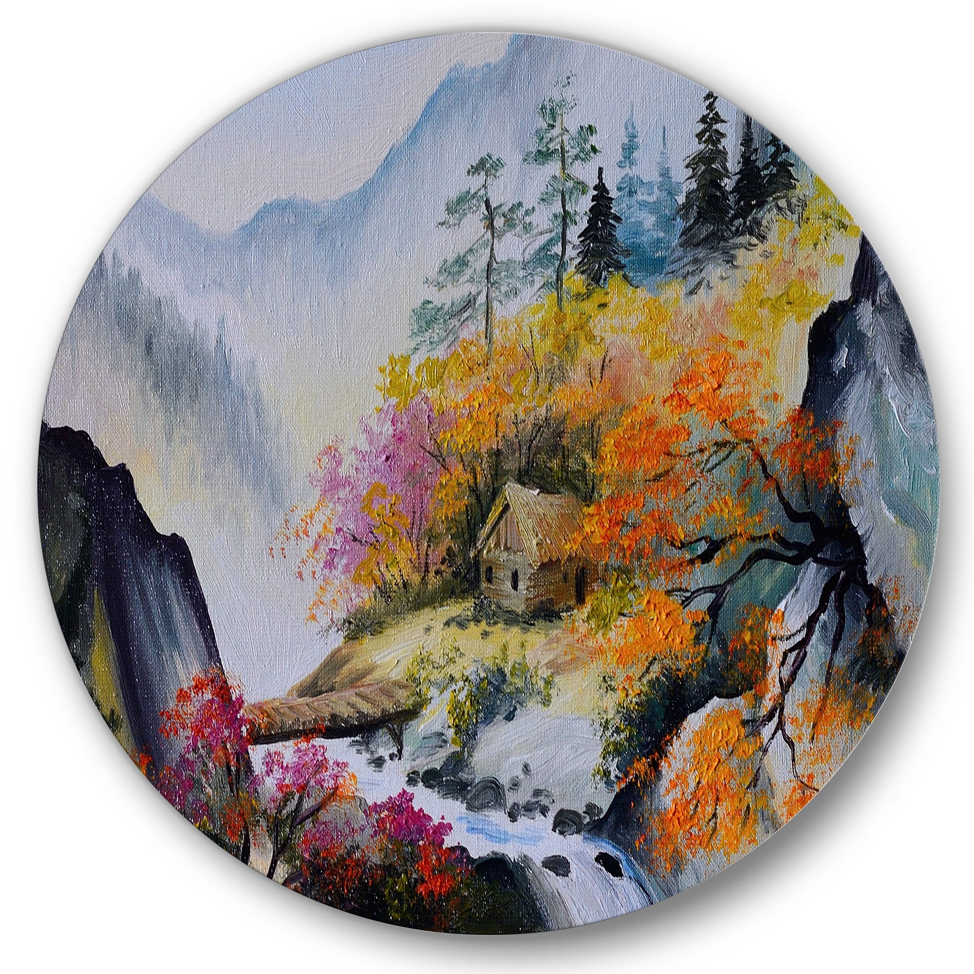 Designart 'VIbrant Mountain Landscape With Little House' Traditional Circle Metal Wall Art 23x23 - Disc of 23