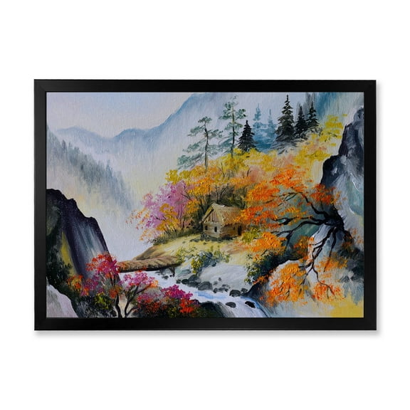 Designart 'VIbrant Mountain Landscape With Little House' Traditional Framed Art Print