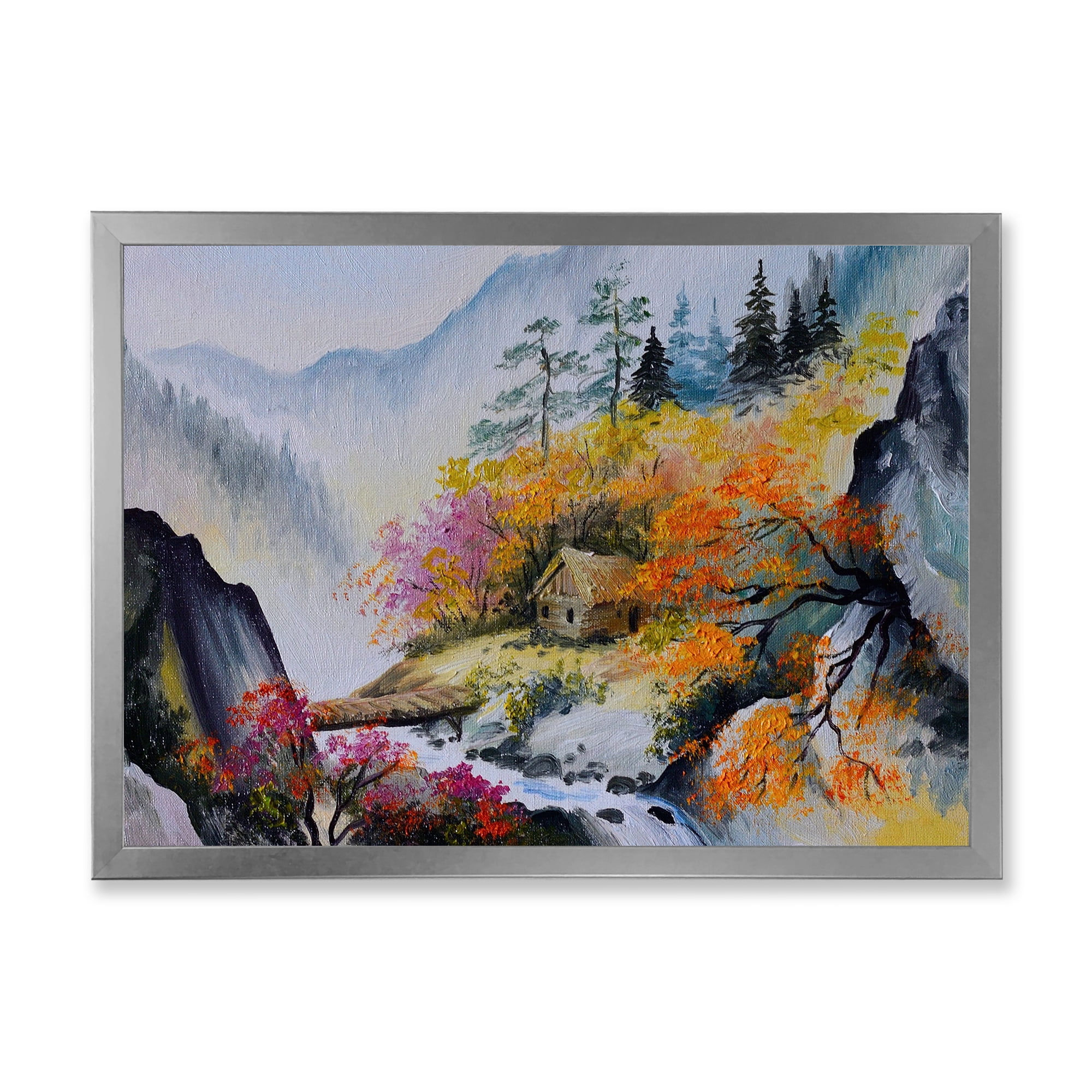 Designart 'VIbrant Mountain Landscape With Little House' Traditional Framed Art Print
