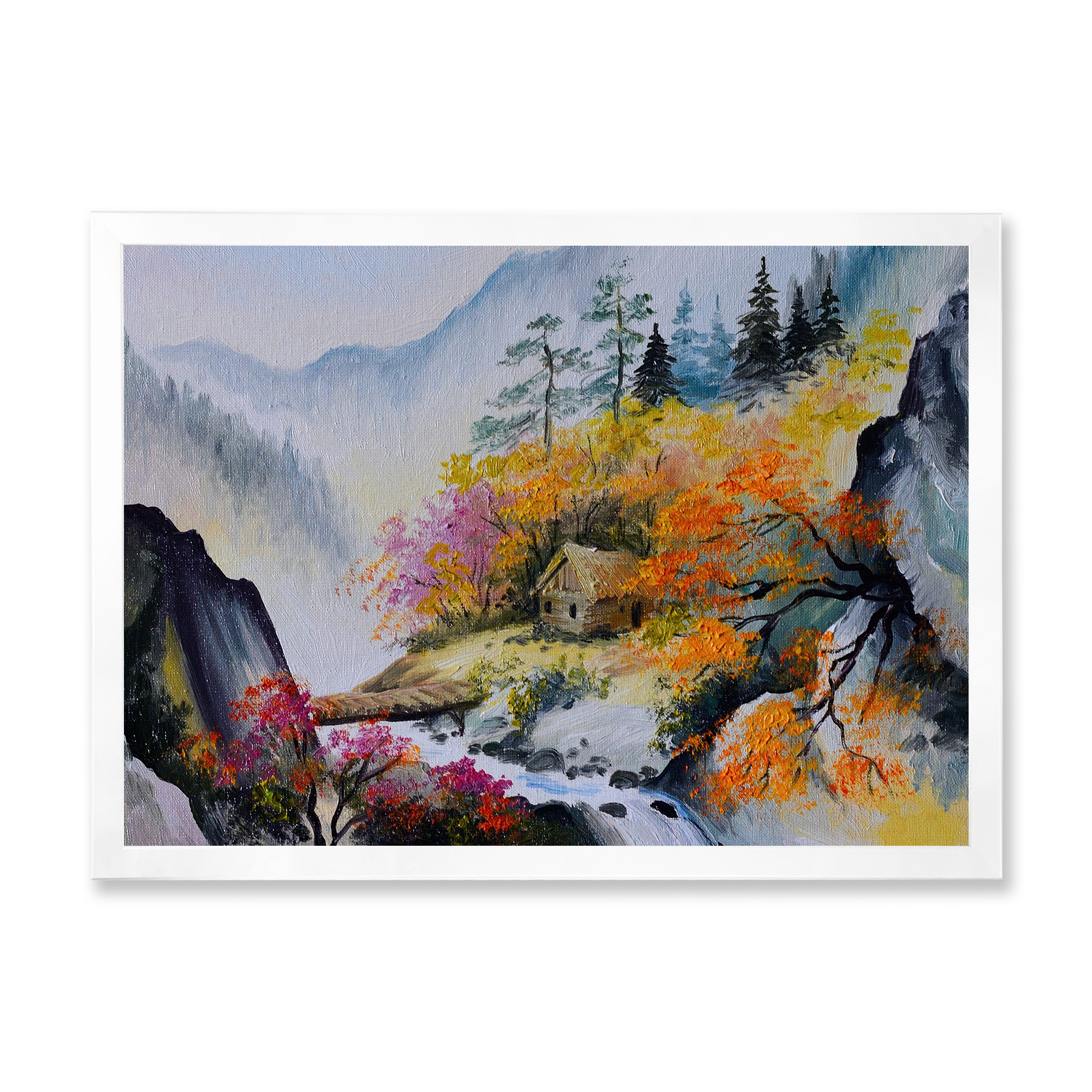Designart 'VIbrant Mountain Landscape With Little House' Traditional Framed Art Print