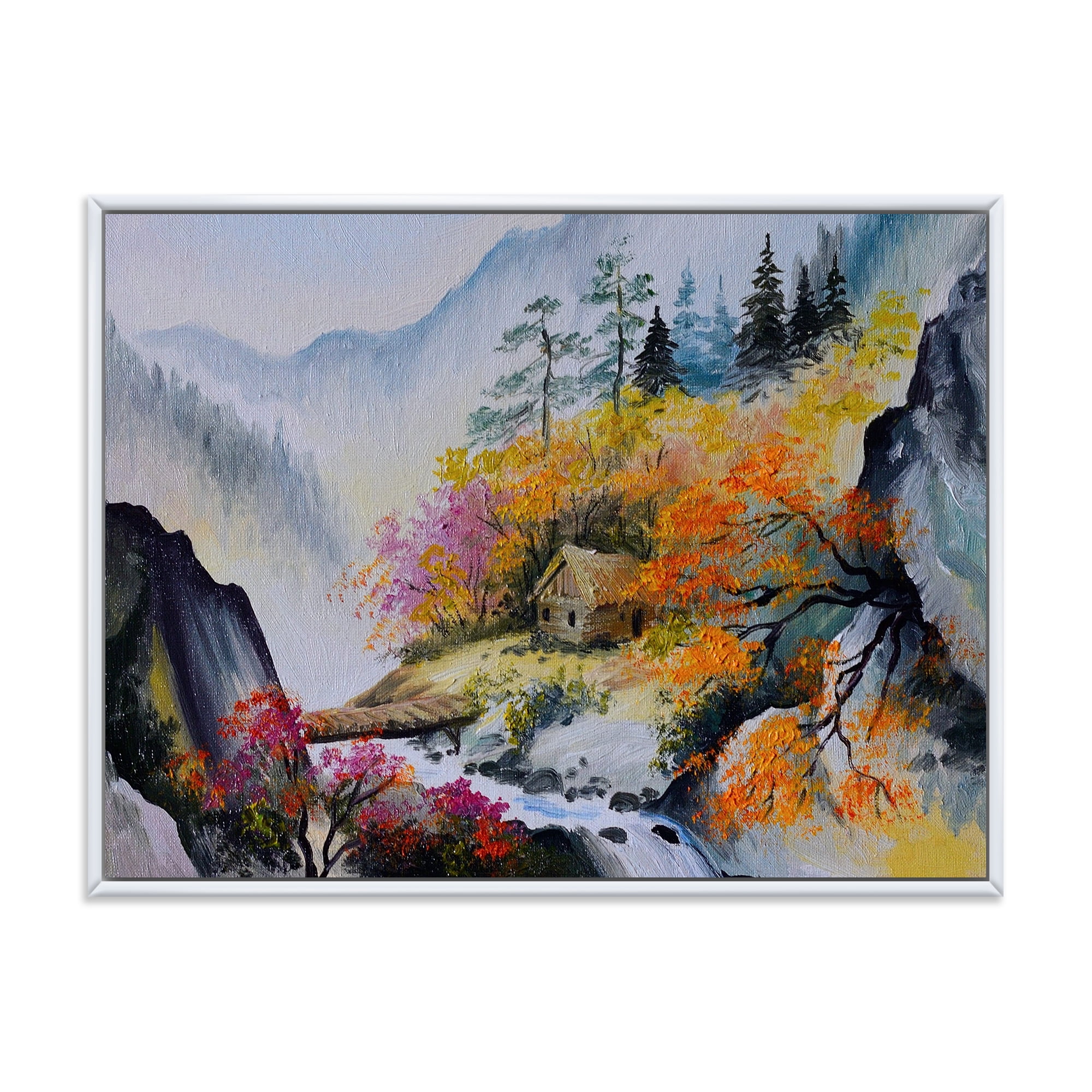 Designart 'VIbrant Mountain Landscape With Little House' Traditional Framed Canvas Wall Art Print