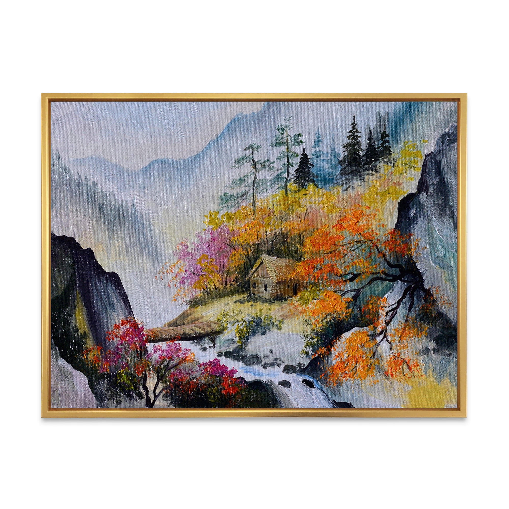 Designart 'VIbrant Mountain Landscape With Little House' Traditional Framed Canvas Wall Art Print