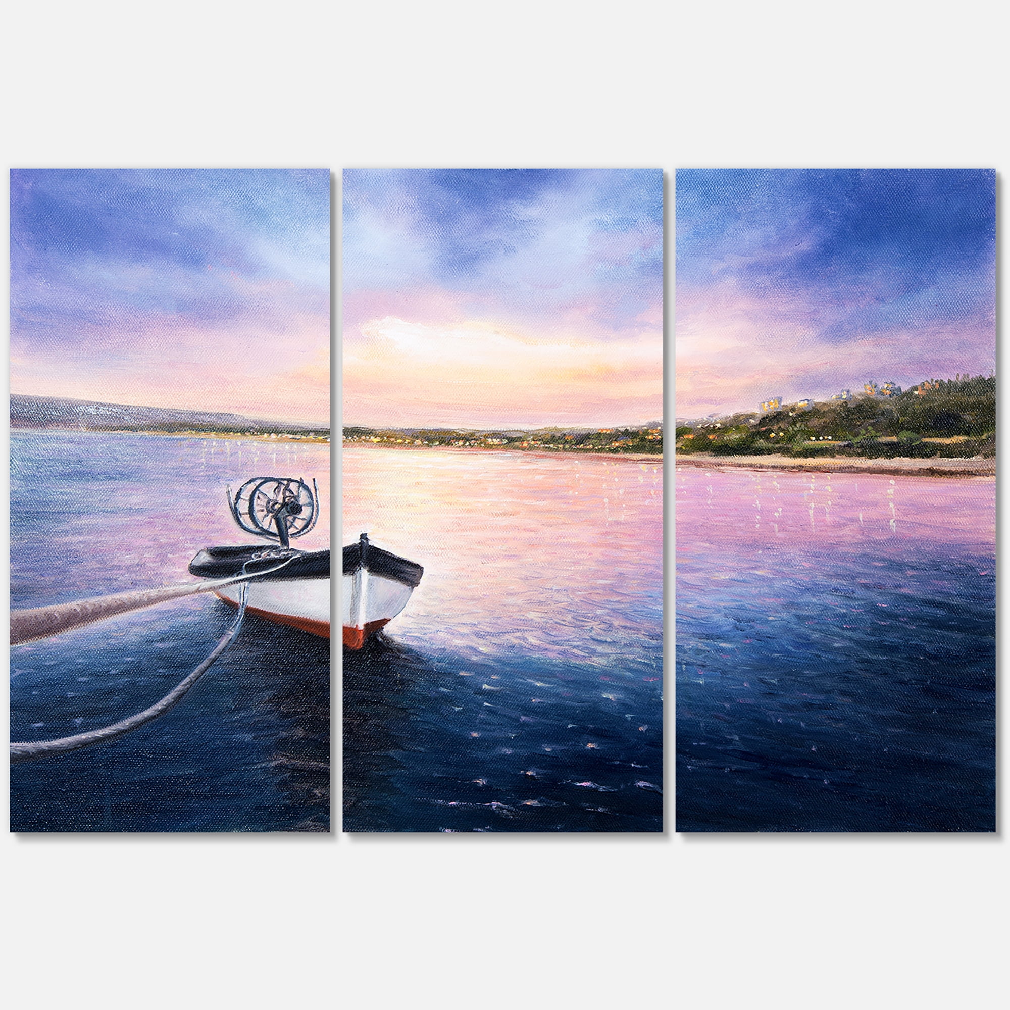 Designart ' VIbrant Sunset Over Fishing Boat By The Shore ' Lake House Canvas Wall Art Print