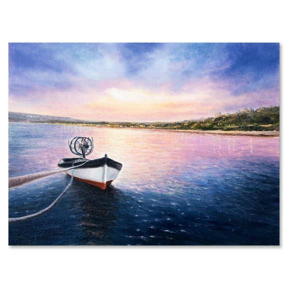 Designart ' VIbrant Sunset Over Fishing Boat By The Shore ' Lake House Canvas Wall Art Print