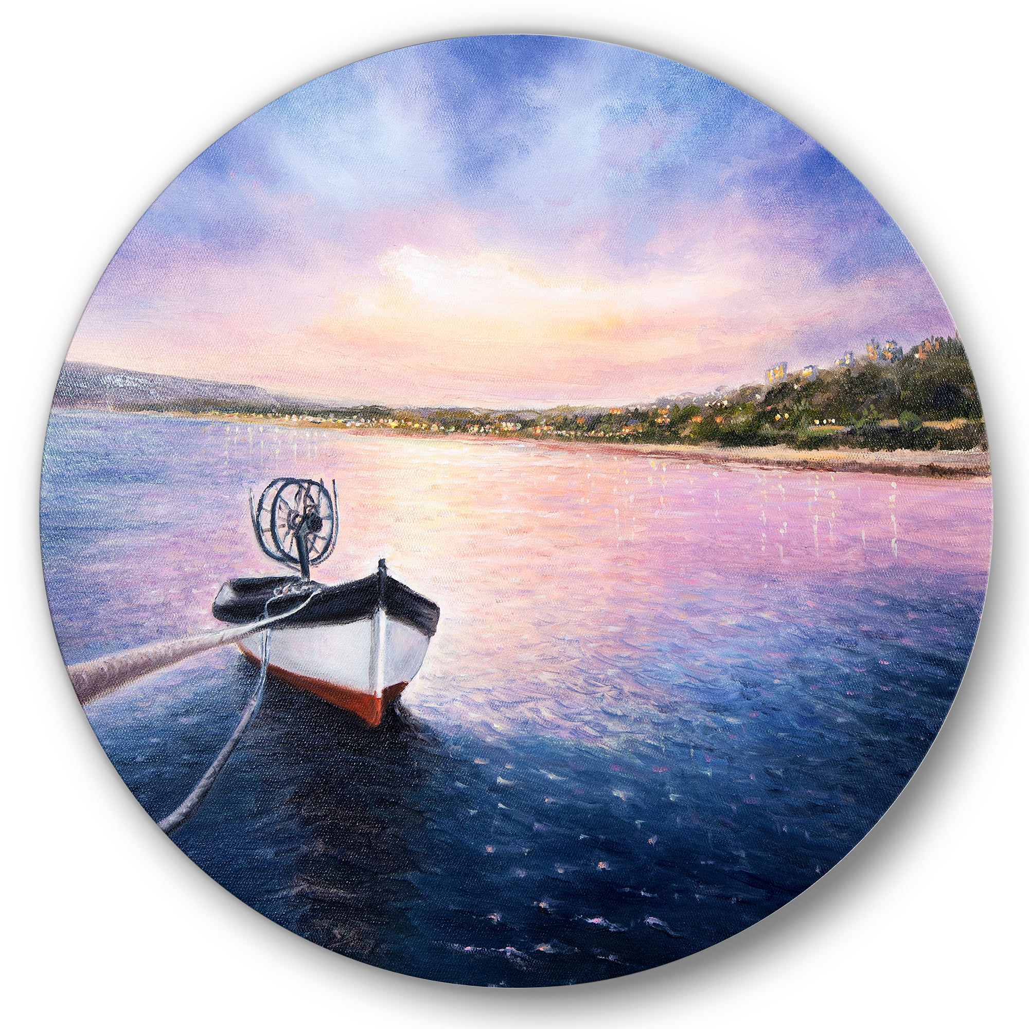 Designart 'VIbrant Sunset Over Fishing Boat By The Shore' Lake House Circle Metal Wall Art 11x11 - Disc of 11