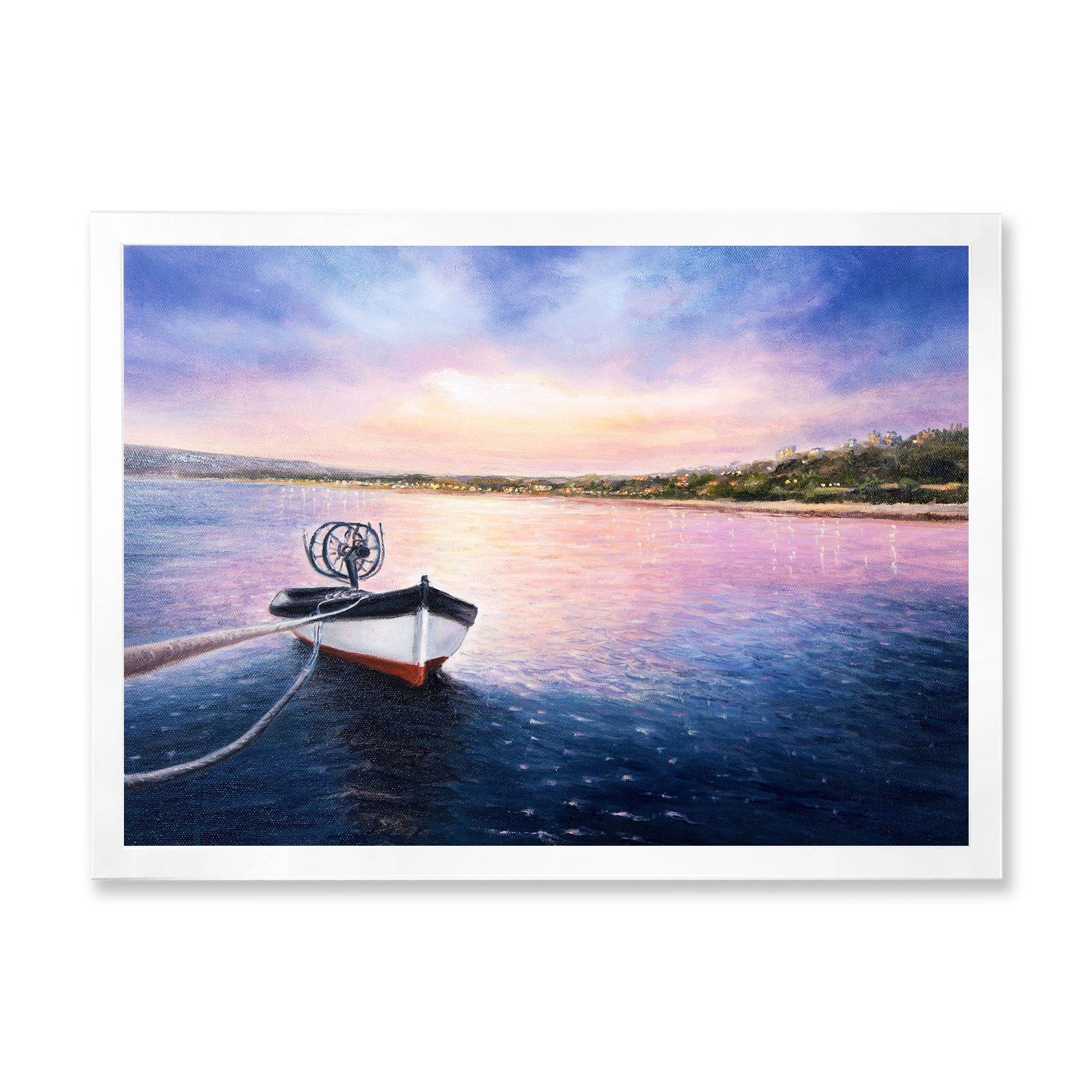 Designart 'VIbrant Sunset Over Fishing Boat By The Shore' Lake House Framed Art Print