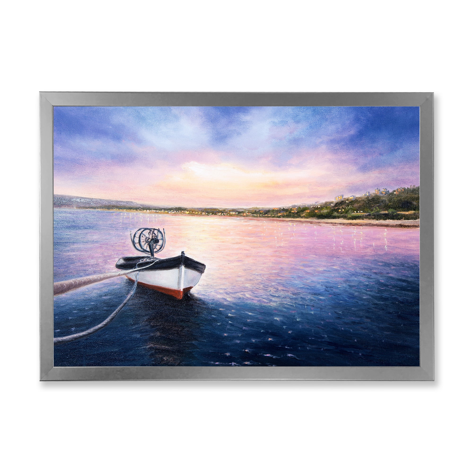 Designart 'VIbrant Sunset Over Fishing Boat By The Shore' Lake House Framed Art Print