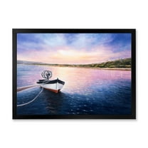Designart 'VIbrant Sunset Over Fishing Boat By The Shore' Lake House Framed Art Print
