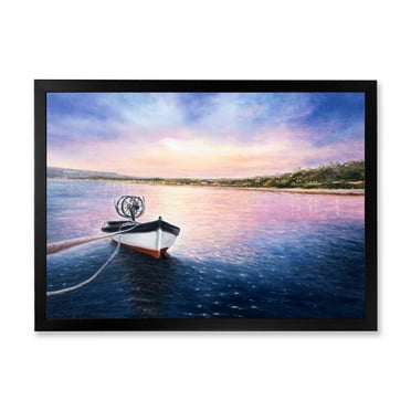 Designart 'VIbrant Sunset Over Fishing Boat By The Shore' Lake House Framed Art Print