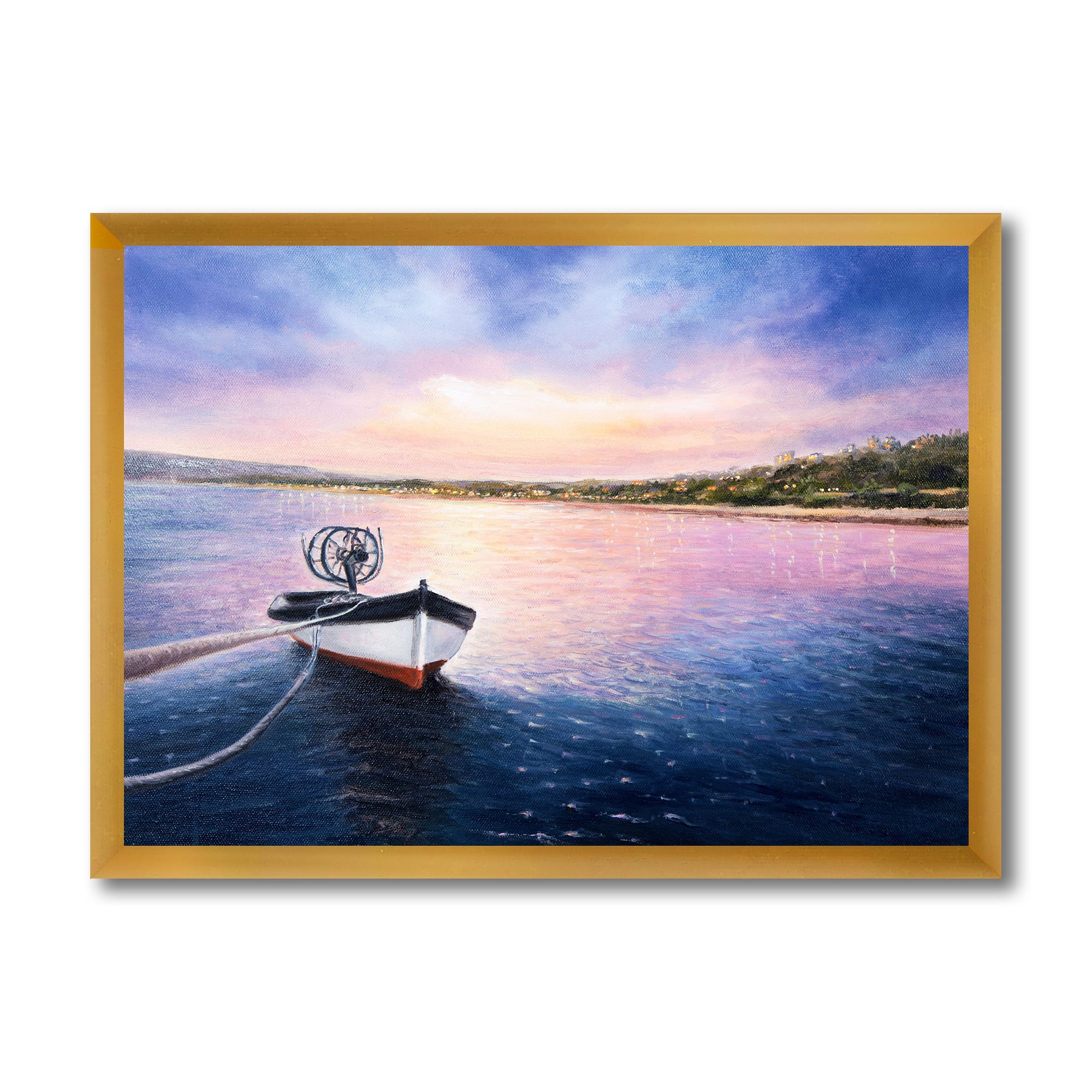 Designart 'VIbrant Sunset Over Fishing Boat By The Shore' Lake House Framed Art Print