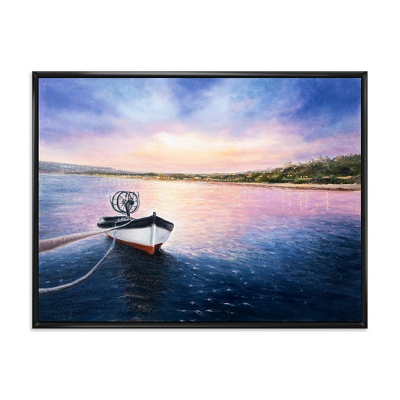 Designart 'VIbrant Sunset Over Fishing Boat By The Shore' Lake House Framed Canvas Wall Art Print