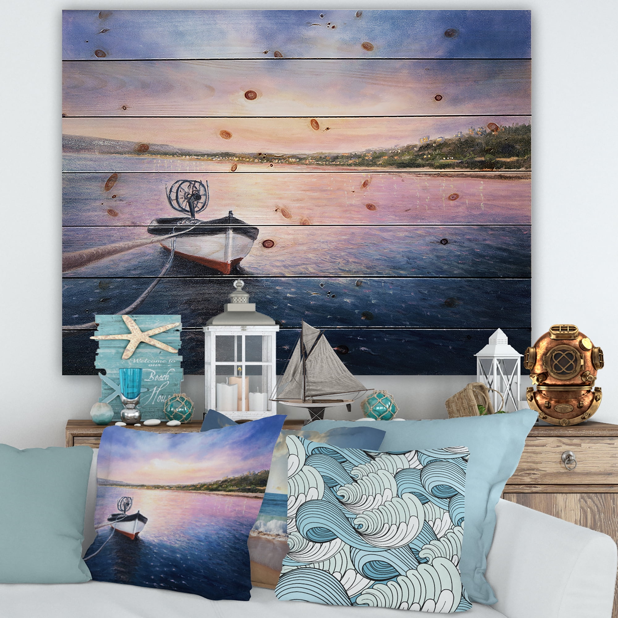 Designart 'VIbrant Sunset Over Fishing Boat By The Shore' Lake House Print on Natural Pine Wood