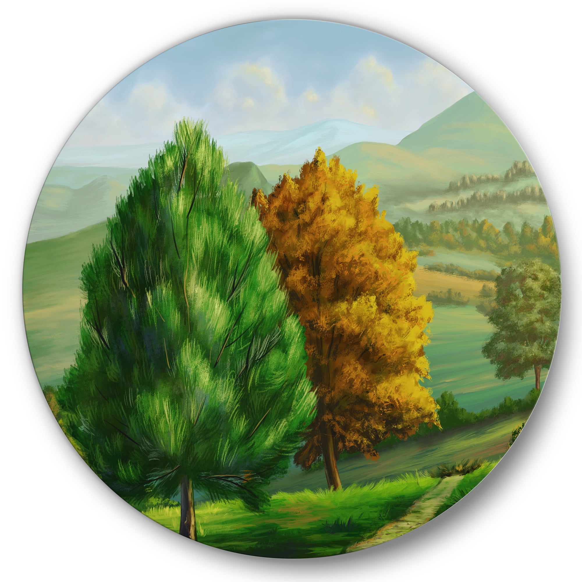 Designart 'VIbrant Trees With Country Scenery' Traditional Circle Metal Wall Art 23x23 - Disc of 23