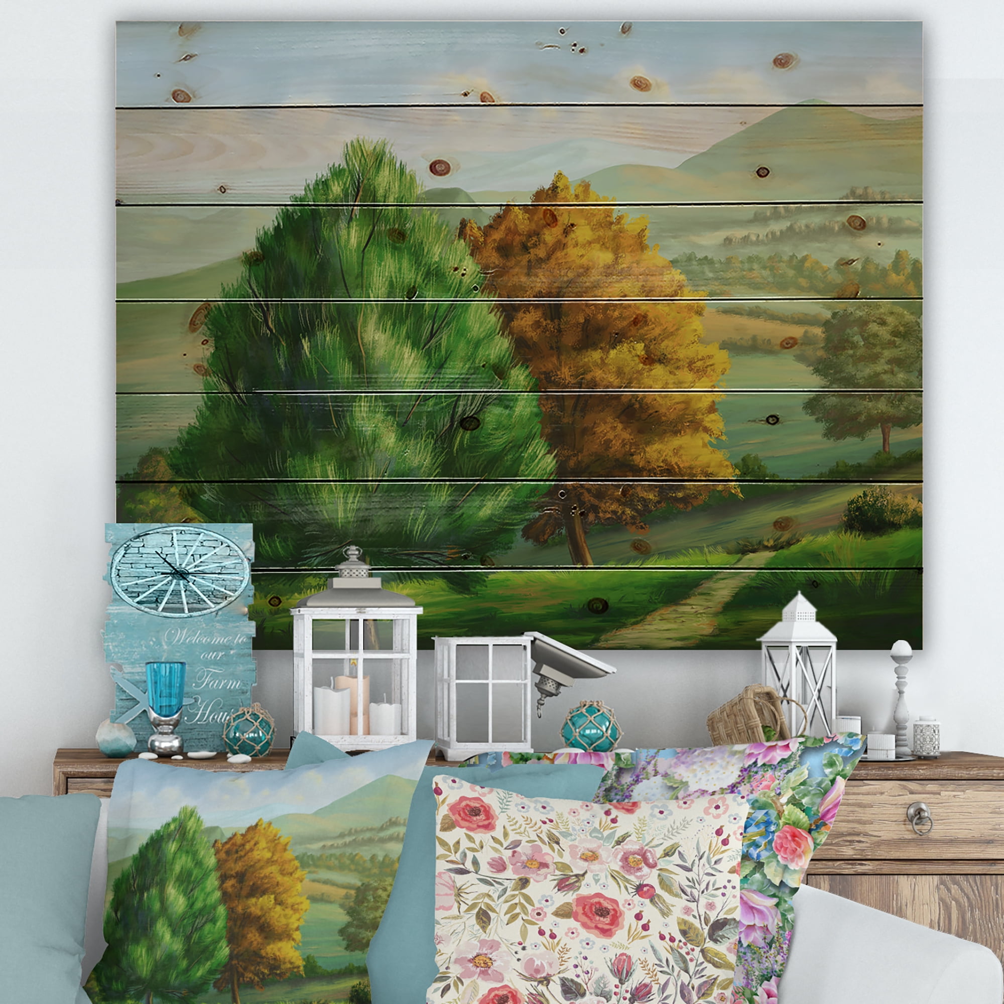 Designart 'VIbrant Trees With Country Scenery' Traditional Print on Natural Pine Wood