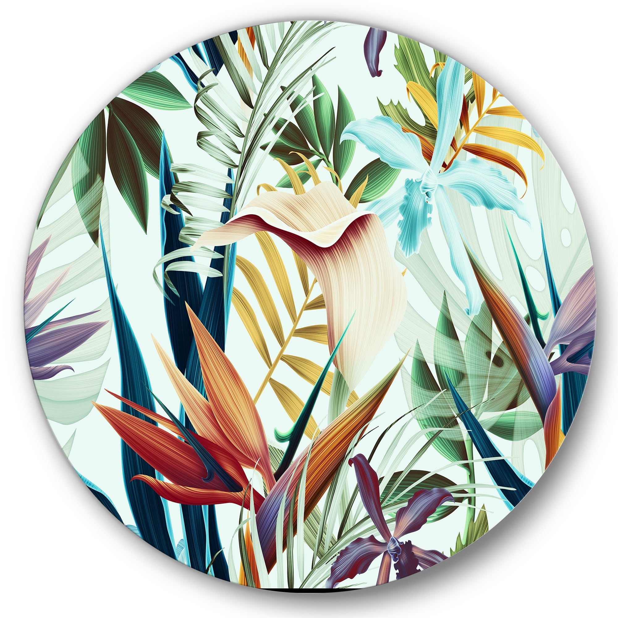 Designart 'VIntage Tropical Flowers I' Tropical Circle Metal Wall Art 36x36 - Disc of 36
