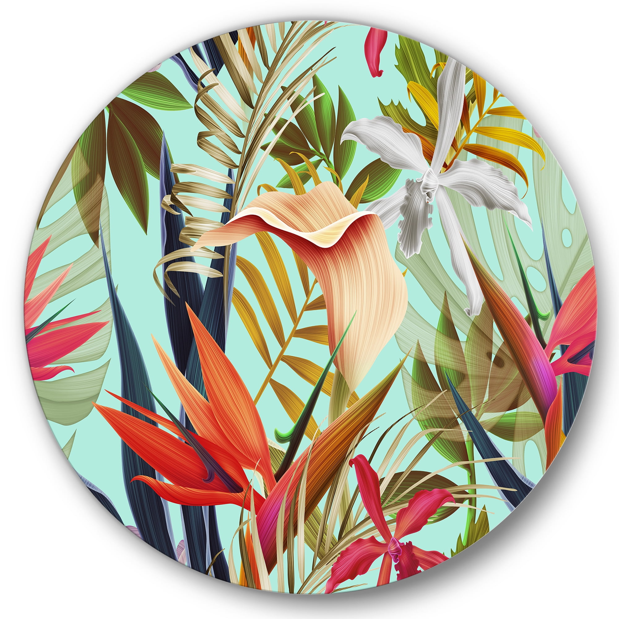 Designart 'VIntage Tropical Flowers II' Tropical Circle Metal Wall Art 36x36 - Disc of 36