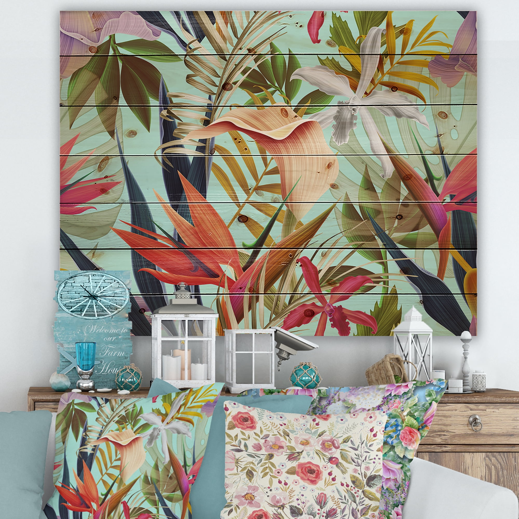 Designart 'VIntage Tropical Flowers II' Tropical Print on Natural Pine Wood
