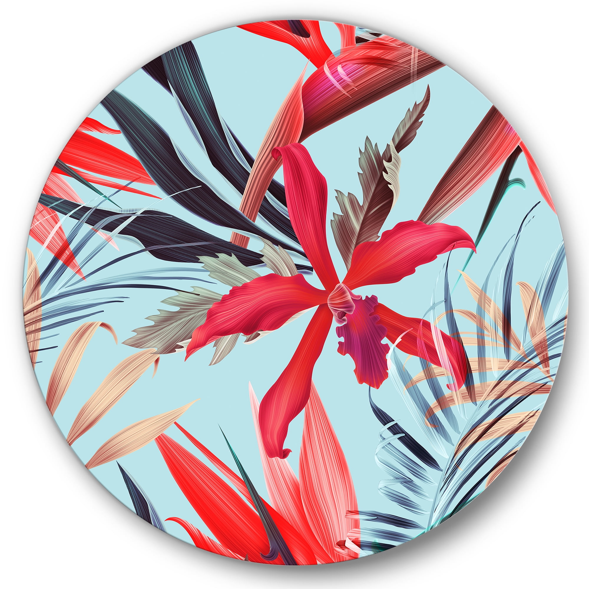 Designart 'VIntage Tropical Flowers IV' Traditional Circle Metal Wall Art 23x23 - Disc of 23