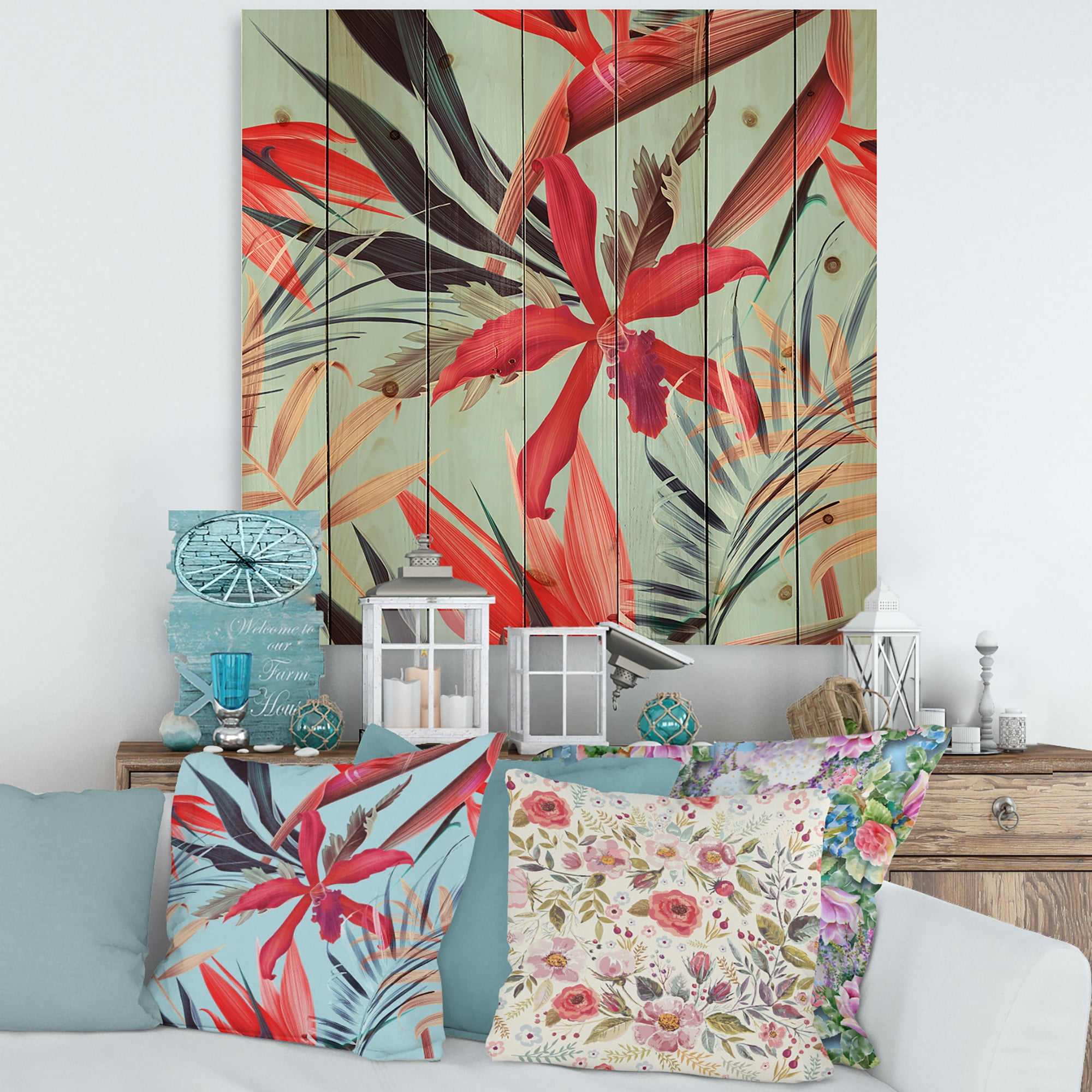 Designart 'VIntage Tropical Flowers IV' Traditional Print on Natural Pine Wood
