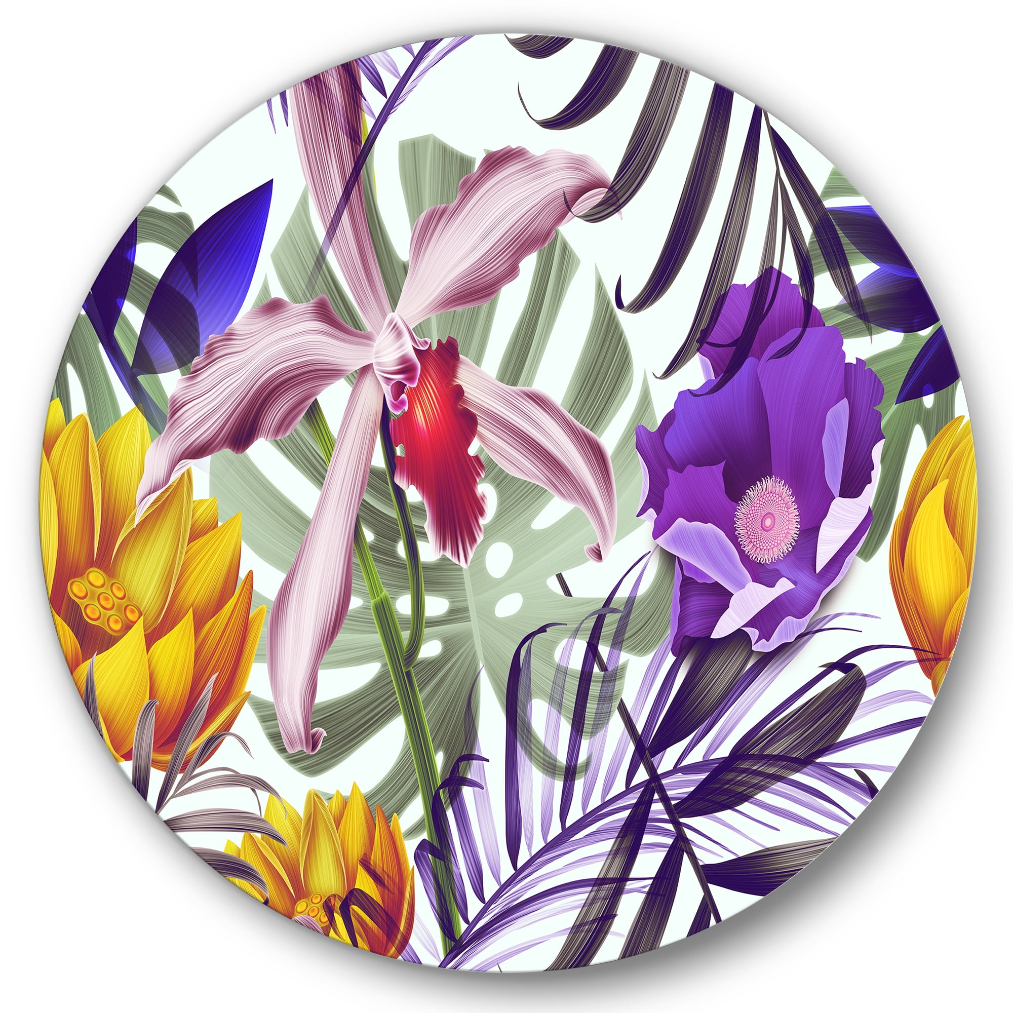 Designart 'VIntage Tropical Flowers IX' Traditional Circle Metal Wall Art 36x36 - Disc of 36