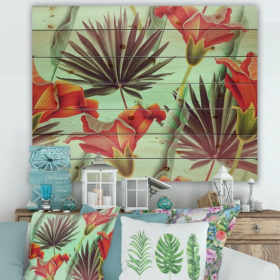 Designart 'VIntage Tropical Flowers VII' Traditional Print on Natural Pine Wood