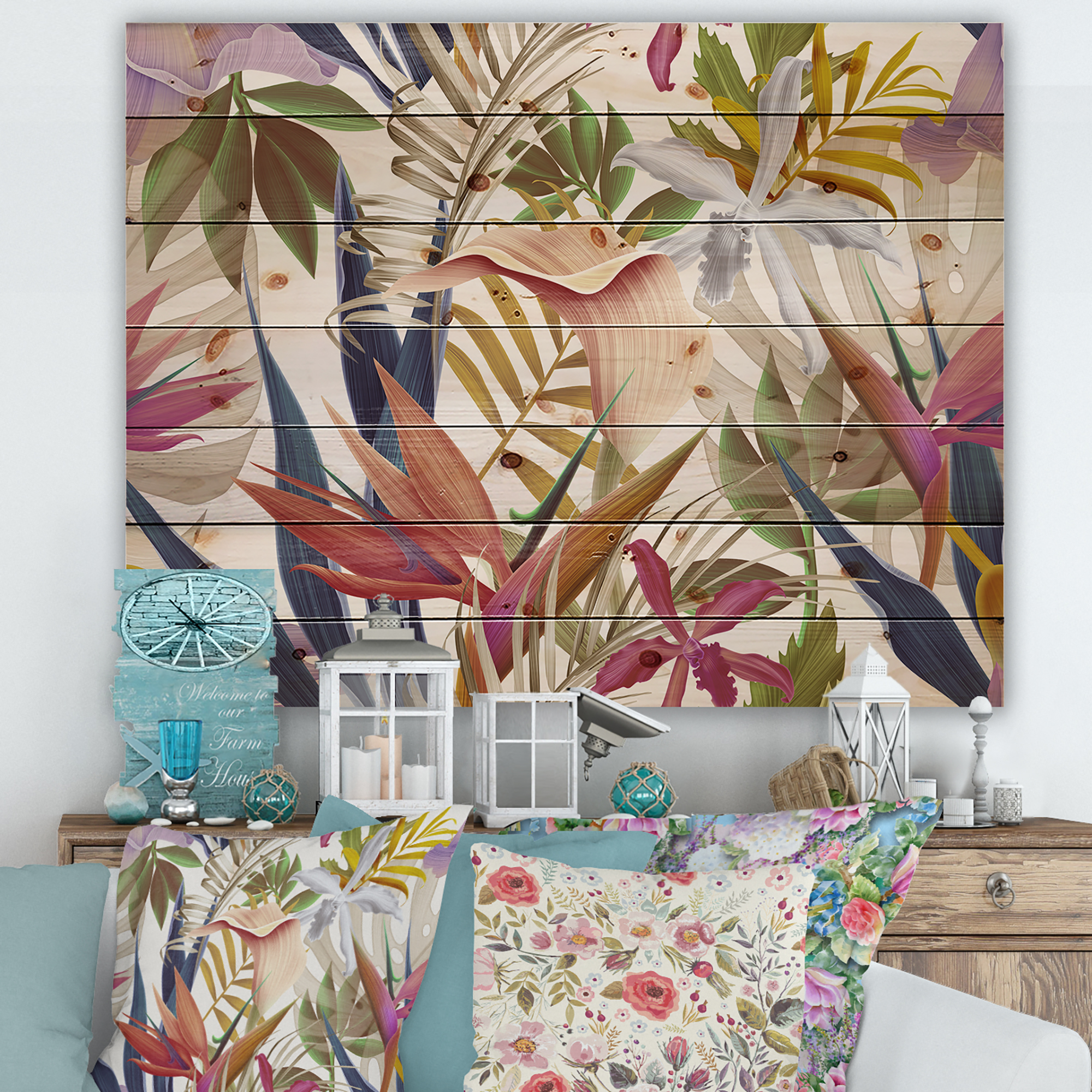 Designart 'VIntage Tropical Flowers VIII' Tropical Print on Natural Pine Wood