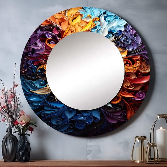 Designart "VORTEX Kaleidoscope I" Abstract Rund Mirror For Wall Decor - Large Gold Round Printed Mirror -Modern Round Living Room Mirror - 29" x 29"