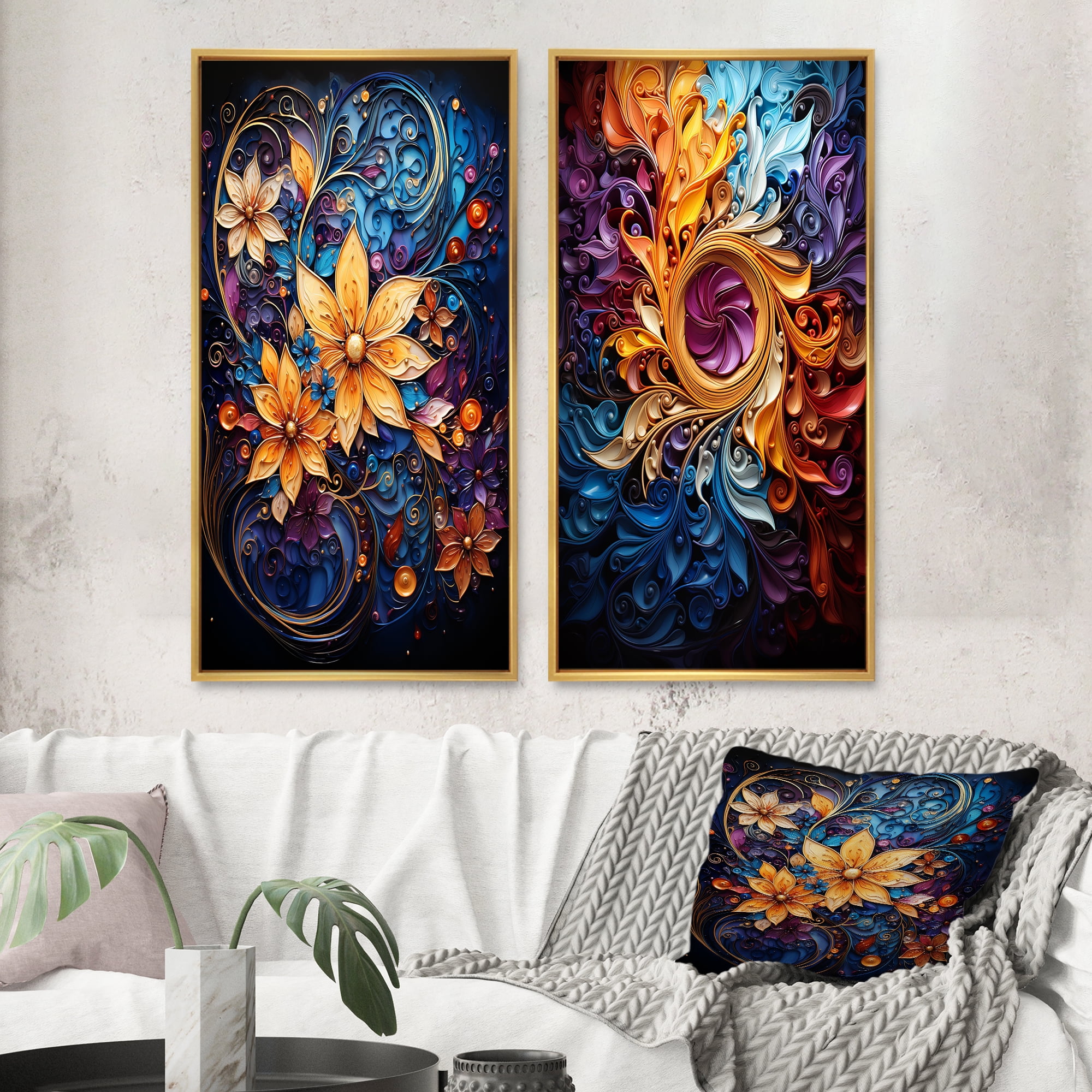 Gold Framed Abstract Canvas Art Set with Kaleidoscope Design