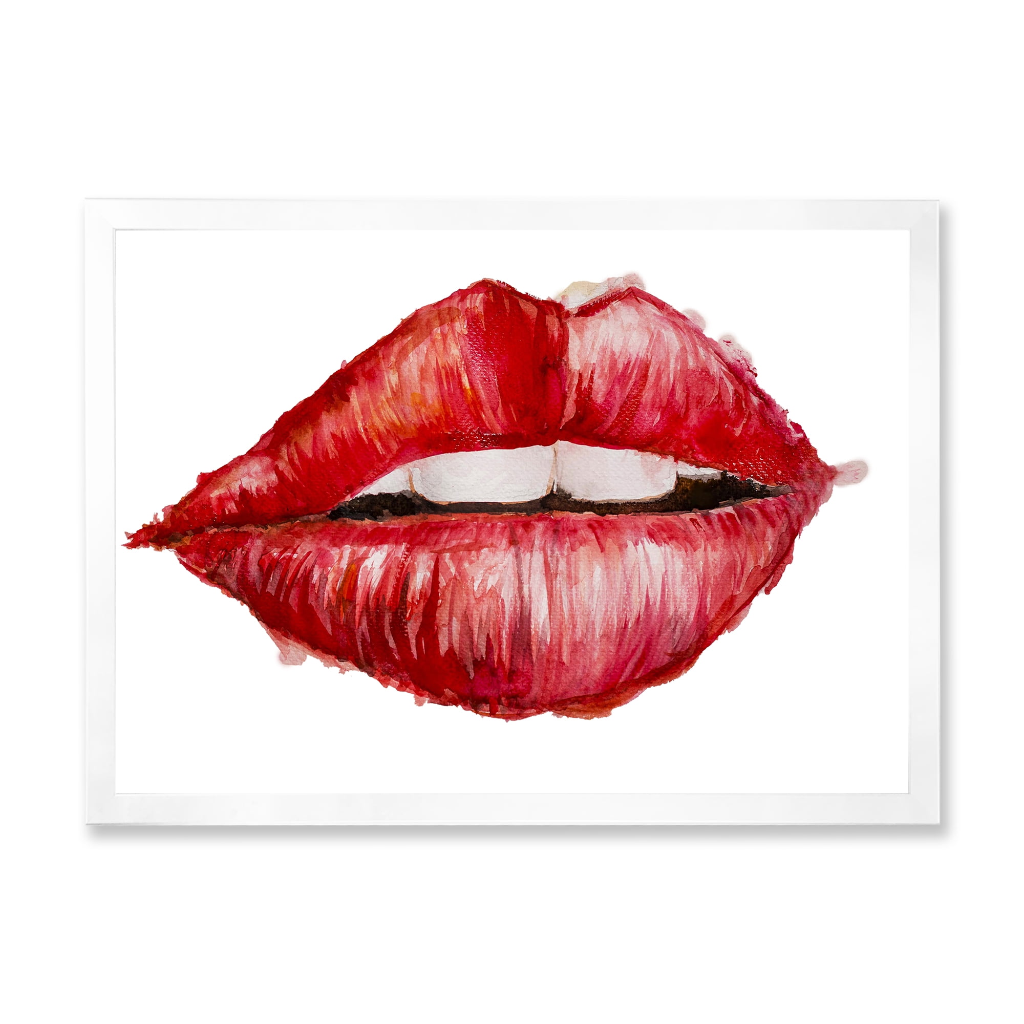Designart 'Valentines Day Red Female Lips' Modern Framed Art Print