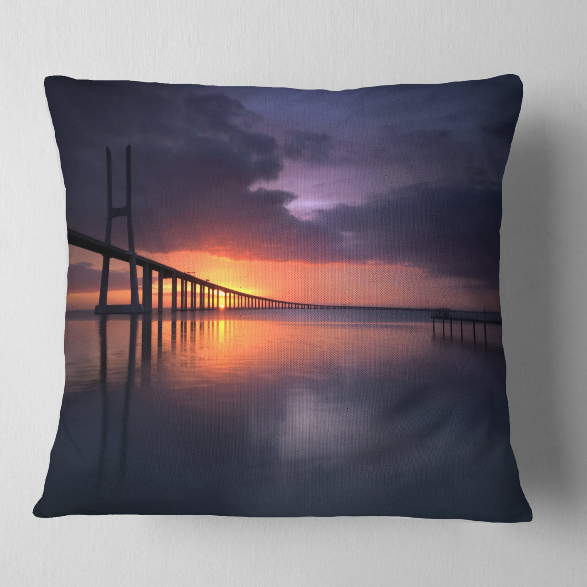 Designart Vasco Da Gama Bridge Portugal - Pier Seascape Throw Pillow - 16x16