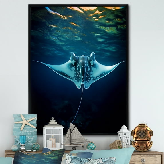 Designart "Vast Azure Oceanic Manta Ray" Coastal Coral Under Water Floater Framed Wall Decor