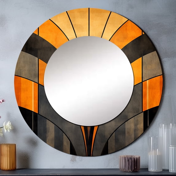 Designart "Vectors In Orange And Grey" Abstract Shapes Rund Mirror For Wall Decor - Large Orange Round Print Mirror - Round Modern Mirror - Wall Mounted Round Large Mirror - 29" x 29"