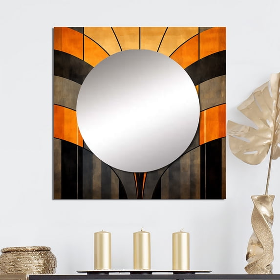 Designart "Vectors In Orange And Grey" Abstract Shapes Square Mirror For Wall Decor - Large Orange Square Mirror Printed Wall Decor - Modern Square Living Room Mirror