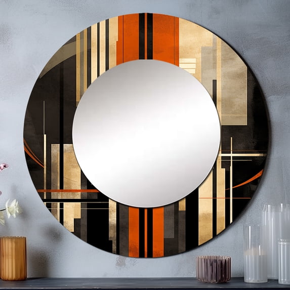 Designart "Vectors in Orange and Grey I" Abstract Shapes Round Mirror Wall Decor Modern - Large Orange Round Office Mirror - Round Mirror - 29" x 29"