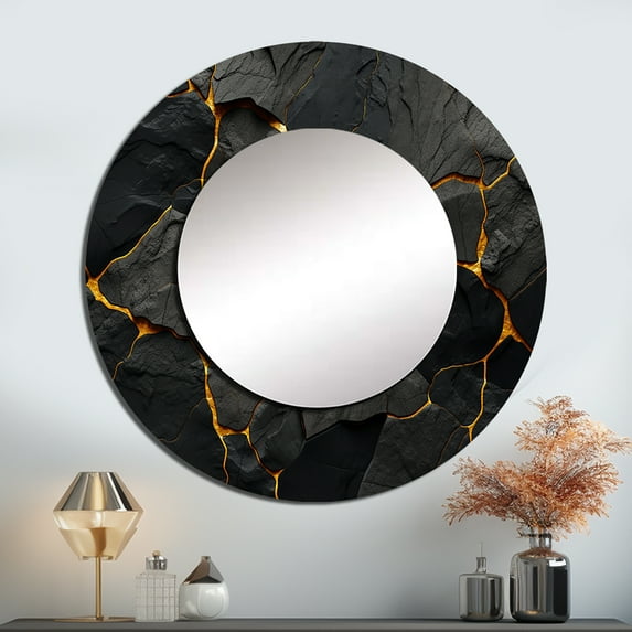 Designart "Veins of Molten Volcanic Lava I" Volcano Black Large Round Mirror - Round Bedroom Mirror Wall Decor - Traditional Round Printed Mirror - 36" x 36"