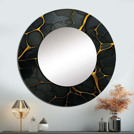 Designart "Veins of Molten Volcanic Lava I" Volcano Round Mirror Wall Decor Traditional - Large Black Round Bathroom Mirror - Round Mirror - 36" x 36"
