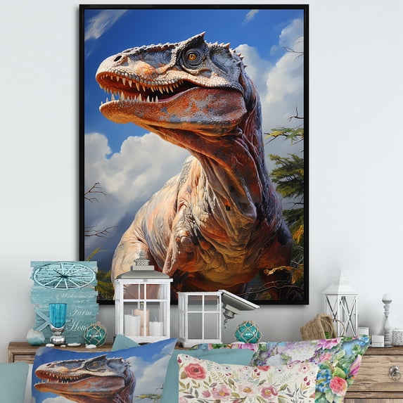 Designart "Velociraptor Portrait" Animals Framed Wall Art - Modern Orange Dinosaur Living Room Framed Canvas Art