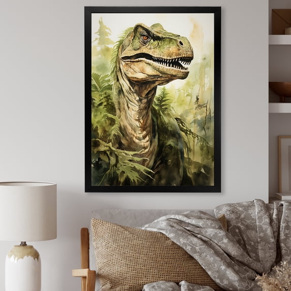 Designart "Velociraptor in Jungle Green Expedition I" Animals Framed Wall Art - Modern Green Dinosaur Bedroom Framed Canvas Wall Art