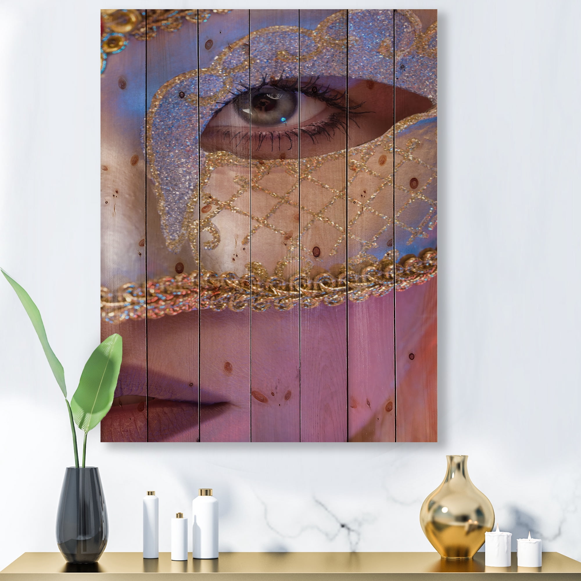 Designart 'Venetian Mask On Female Face' Modern Print on Natural Pine Wood