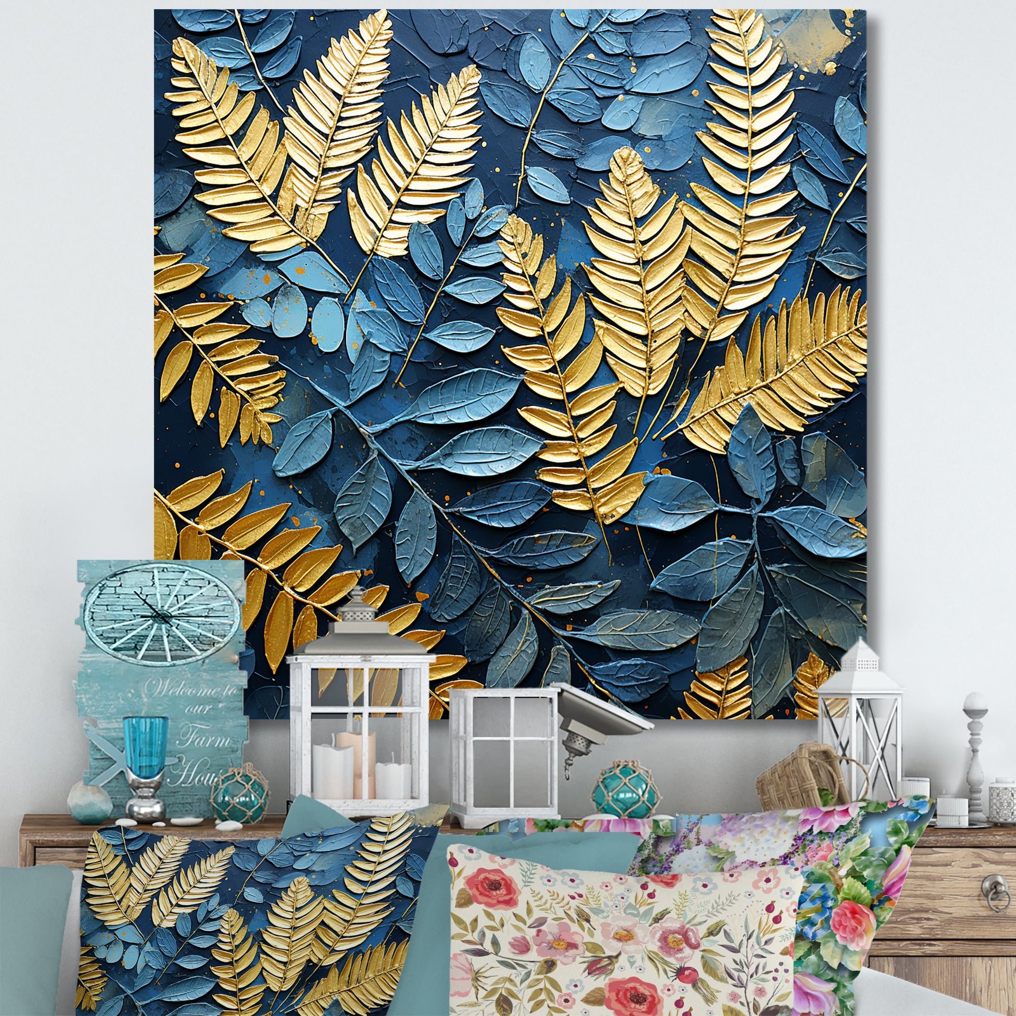 Designart "Verdant Elegance In Gold And Blue" Ferns Wall Art Living ...