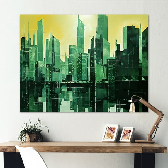 Designart "Verdant Jade Urban Mosaic I" Skyscrapers Wall Decor