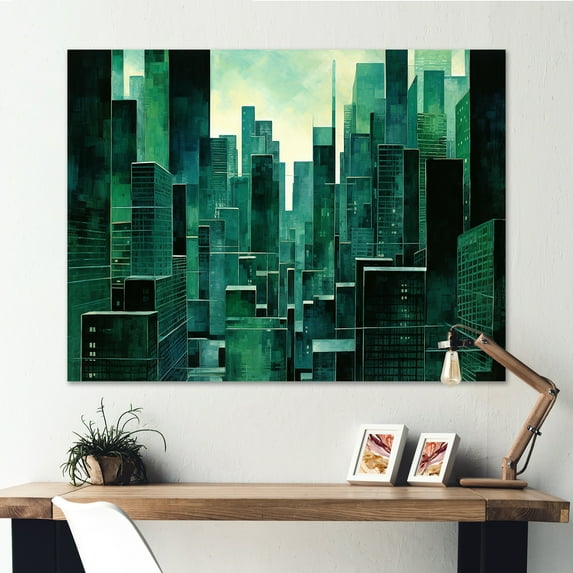 Designart "Verdant Jade Urban Mosaic" Skyscrapers Canvas Prints