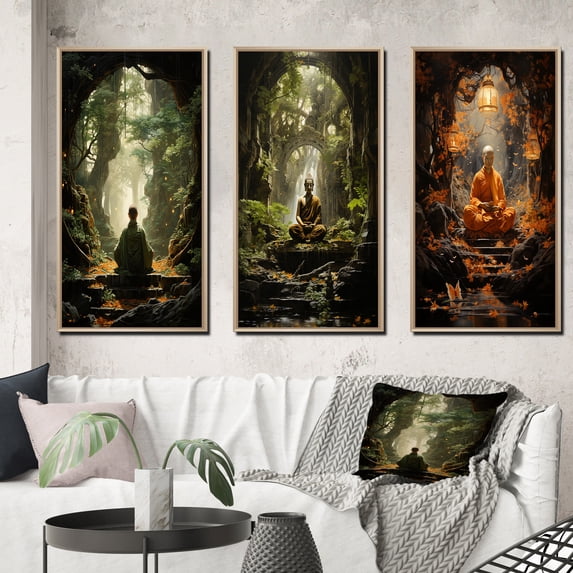 Designart "Verdant Onyx Dharma Craft Buddha s Awakening" Buddhism Framed Wall Art Set Of 3 - Green Buddhism Frame Canvas Set For Living Room Decor